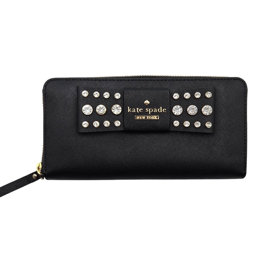 Kate Spade Black Saffiano‎ Leather Bow Rhinestone Zip Around Wallet Wristlet